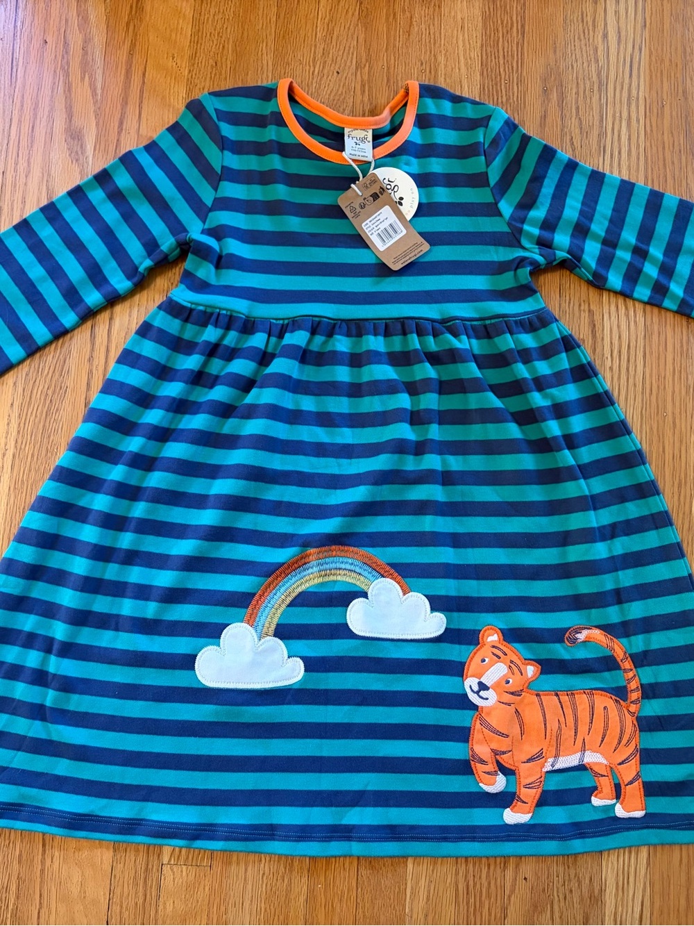 Frugi Girls' Teal & Navy Stripe Tiger Appliqué Dress